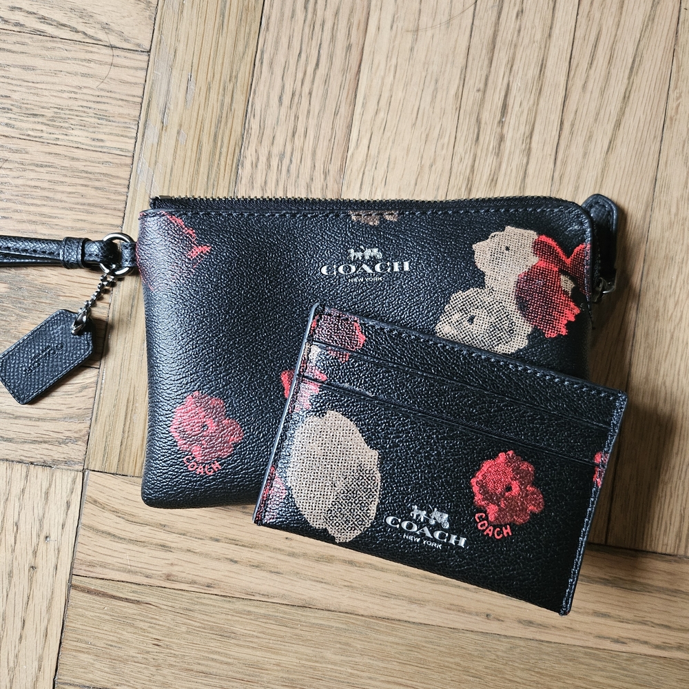Coach Black Floral Wristlet and Card Holder Set